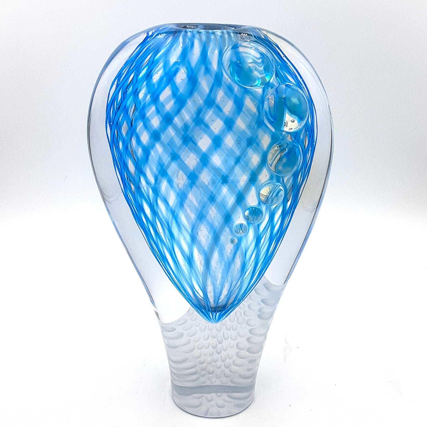 Handblown & Carved Glass Ratachello Vase Blue/Clear by Will Mayer