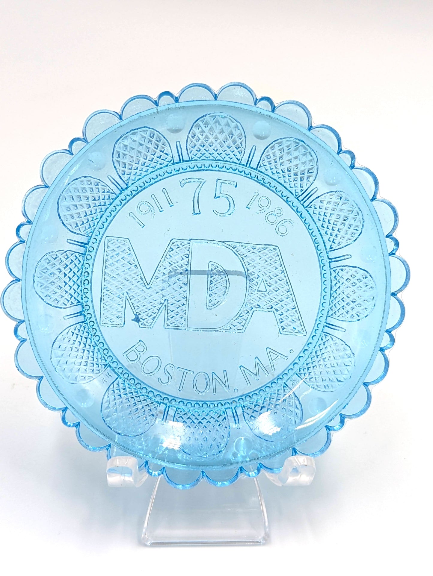 Hand Pressed Glass Cup Plate "MDA Boston MA 1911 - 1986"