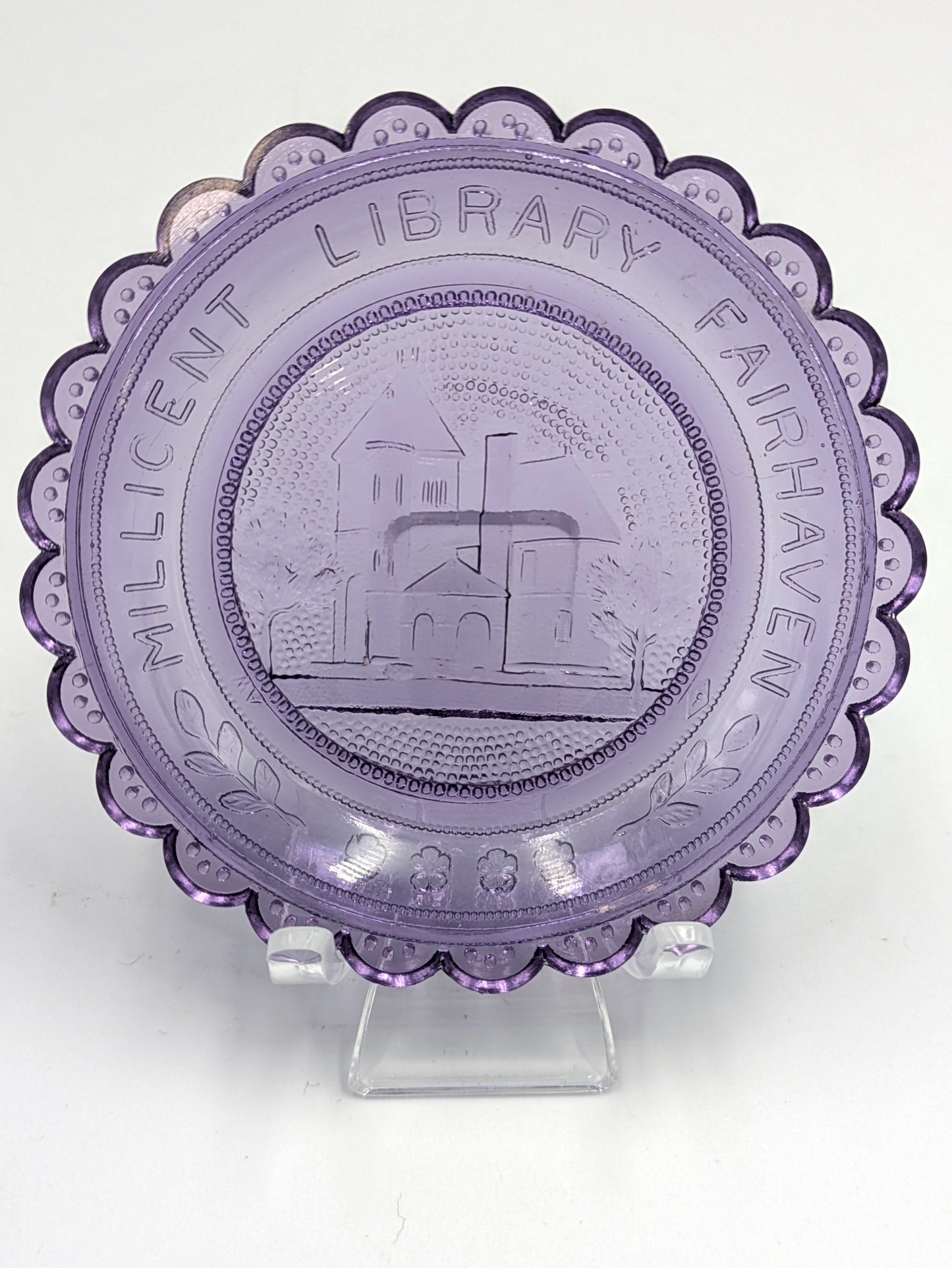 Hand Pressed Glass Cup Plate "Millicent Library Fairhaven"