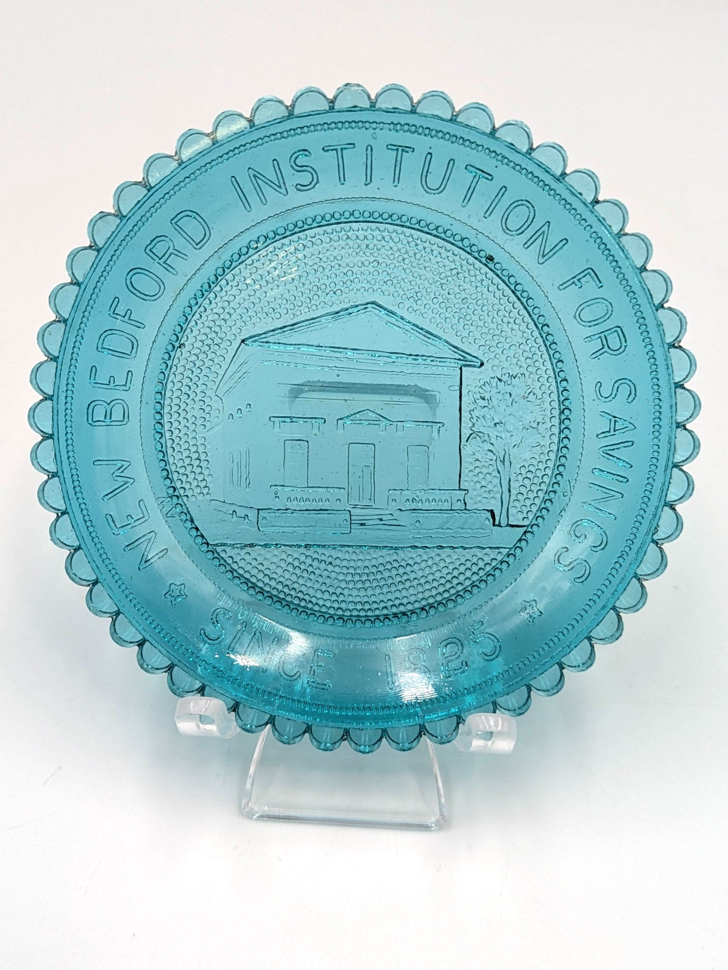 Hand Pressed Glass Cup Plate "New Bedford Institute of Savings"