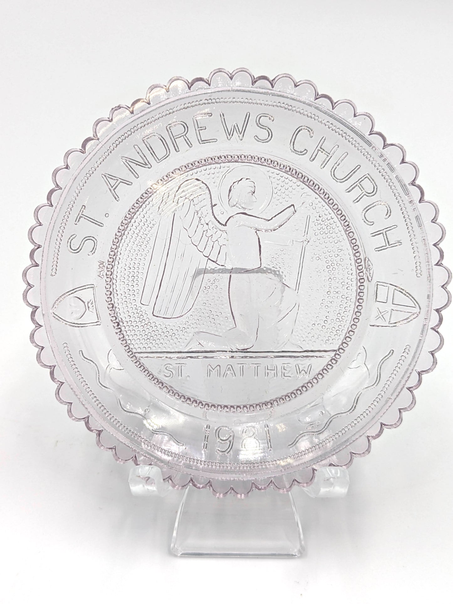 Hand Pressed Glass Cup Plate "St. Andrews Church - St Matthew - 1981"