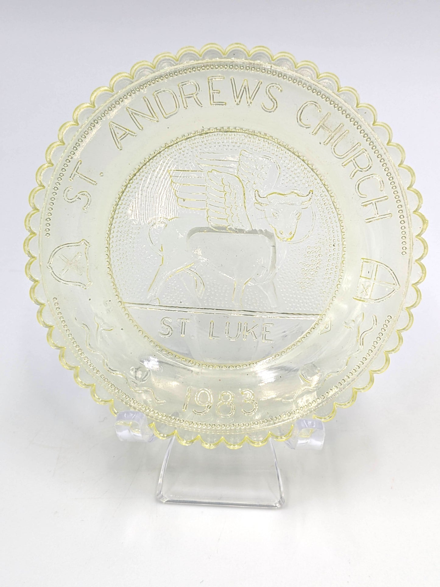 Hand Pressed Glass Cup Plate "St. Andrews Church - St Luke - 1983"