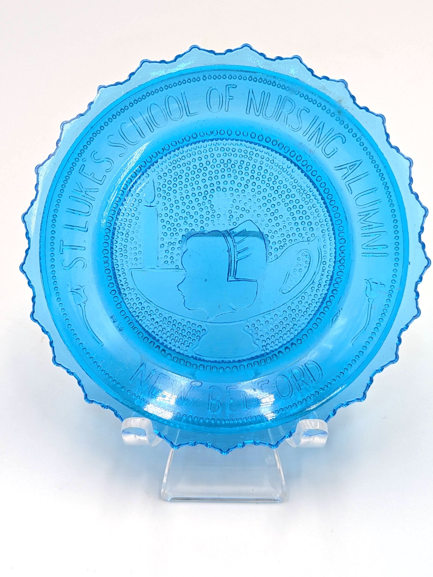 Hand Pressed Glass Cup Plate "St Luke's School of Nursing Alumni New Bedford"