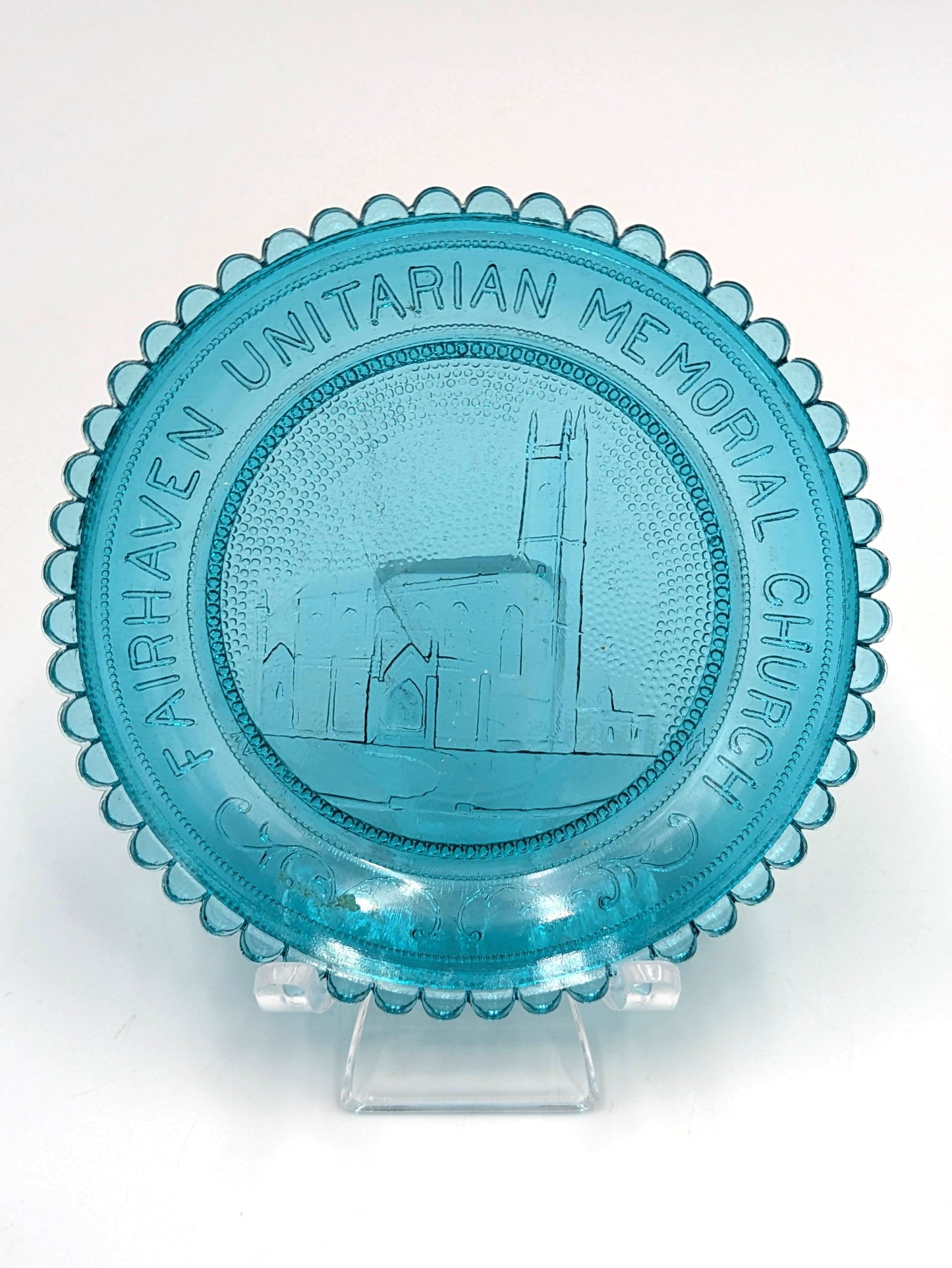 Hand Pressed Glass Cup Plate "Fairhaven Unitarian Memorial Church"