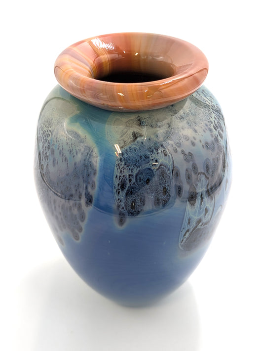 Handblown Glass "New Mexico" Blue Vase w/ Coral Rim