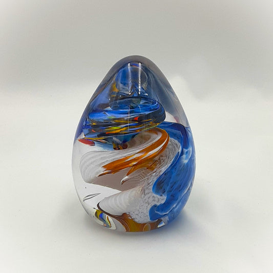 Blue, White, Orange Swirl Pointed Paperweight #62