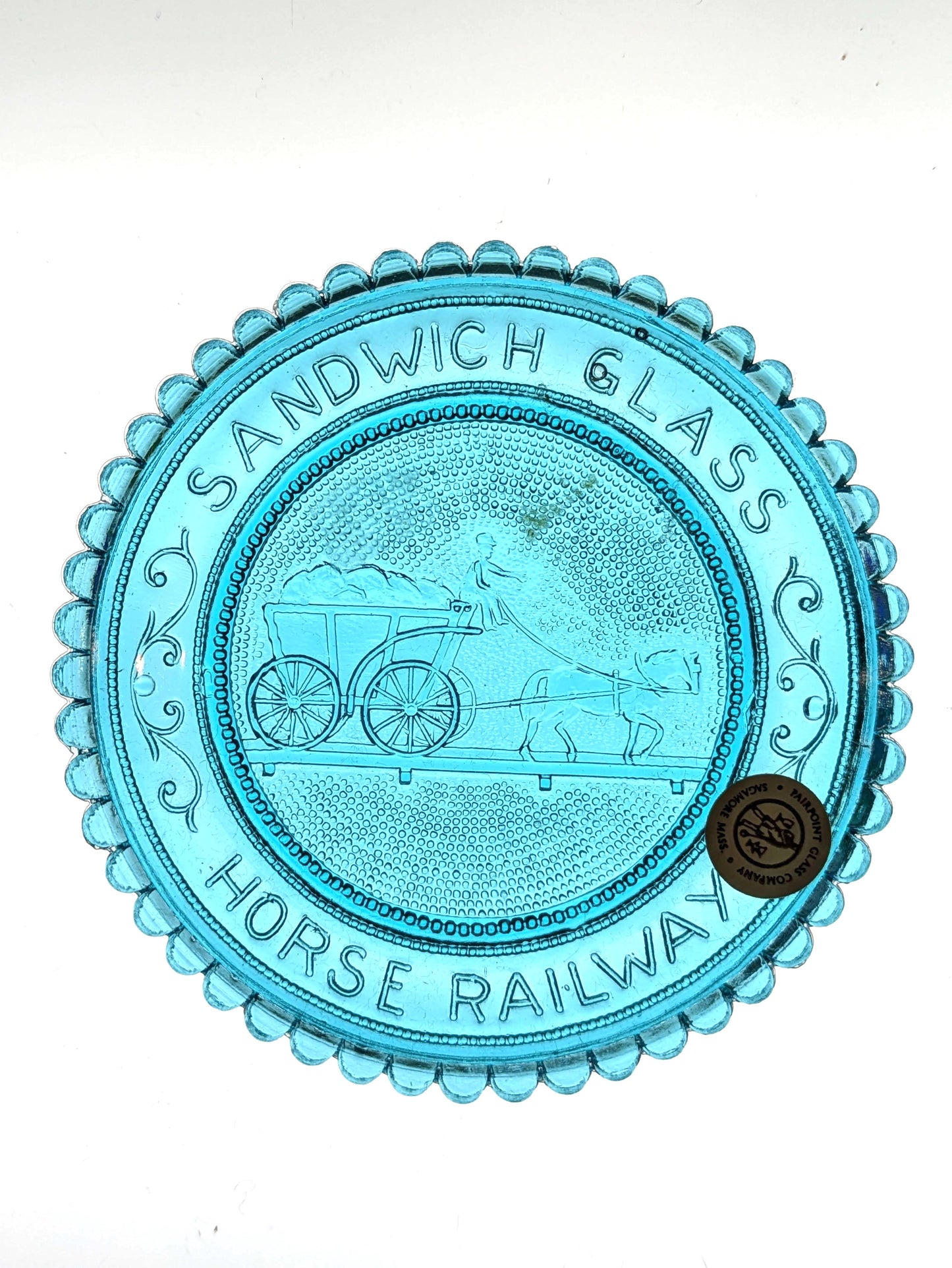 Hand Pressed Glass Cup Plate Sandwich Glass Horse Railway