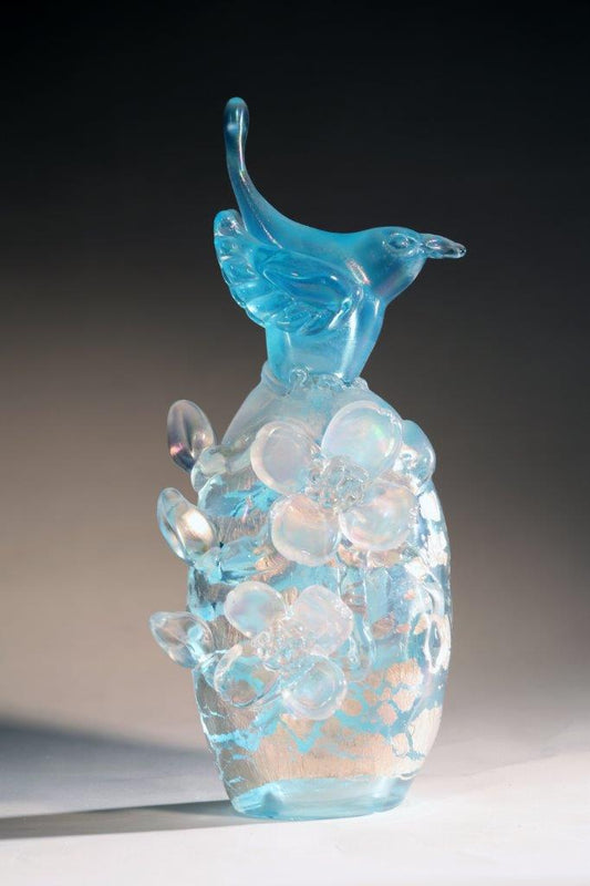 Handcrafted Glass Aqua Wren with Aqua and Leaf by Richard Jolley
