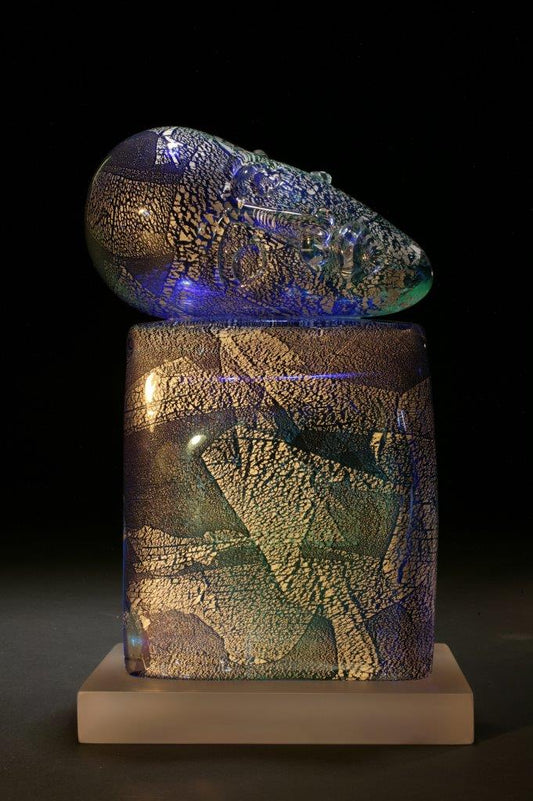 Handcrafted Glass Cobalt and Aqua Sleeping Bust on Plinth by Richard Jolley