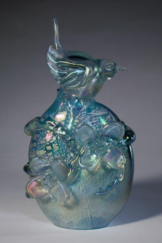 Handcrafted Glass Green Tint Wren with Dogwoods Aqua by Richard Jolley