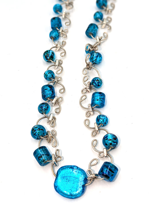 Venetian Blue Foil Beaded Link Necklace