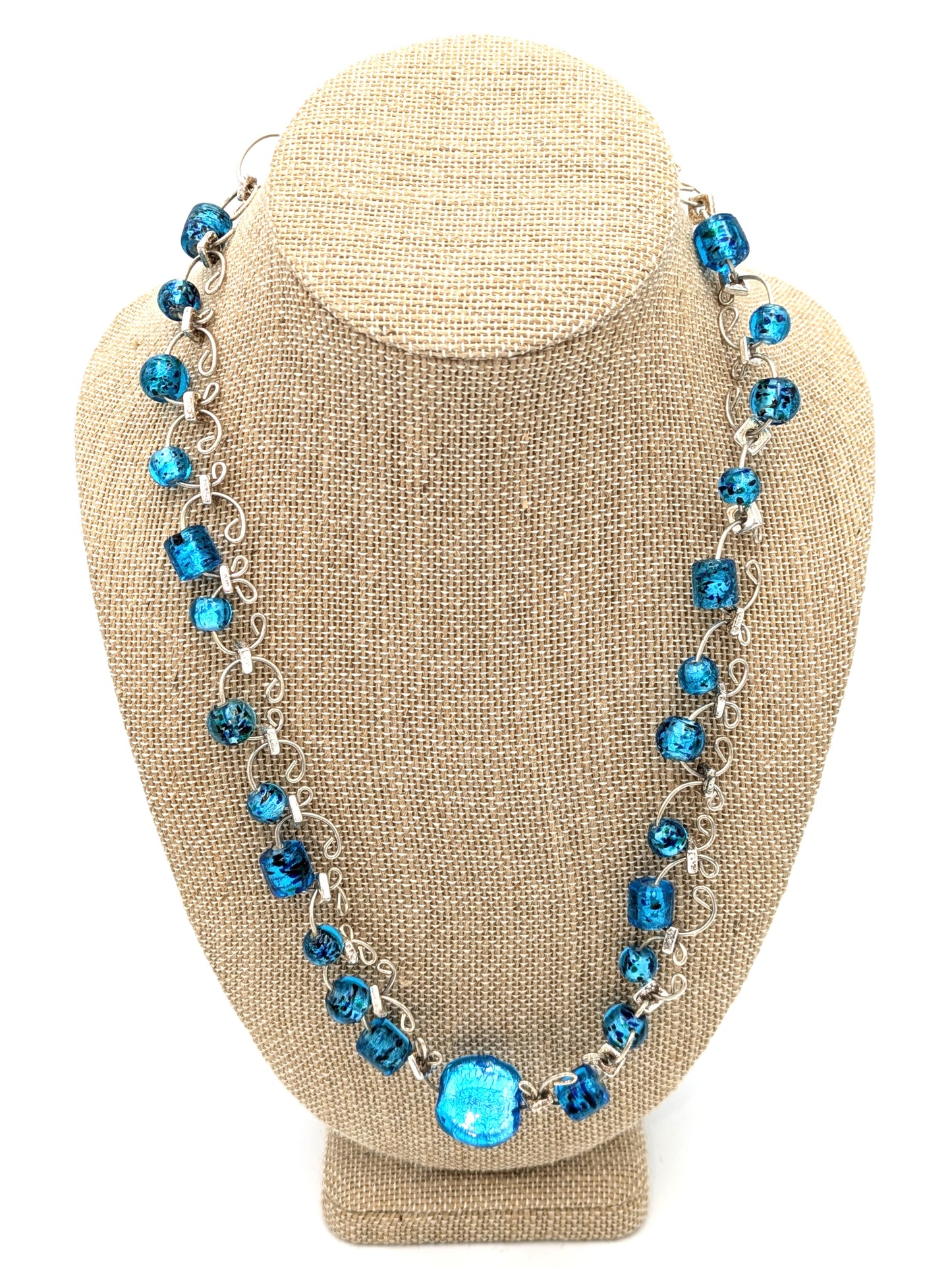 Venetian Blue Foil Beaded Link Necklace