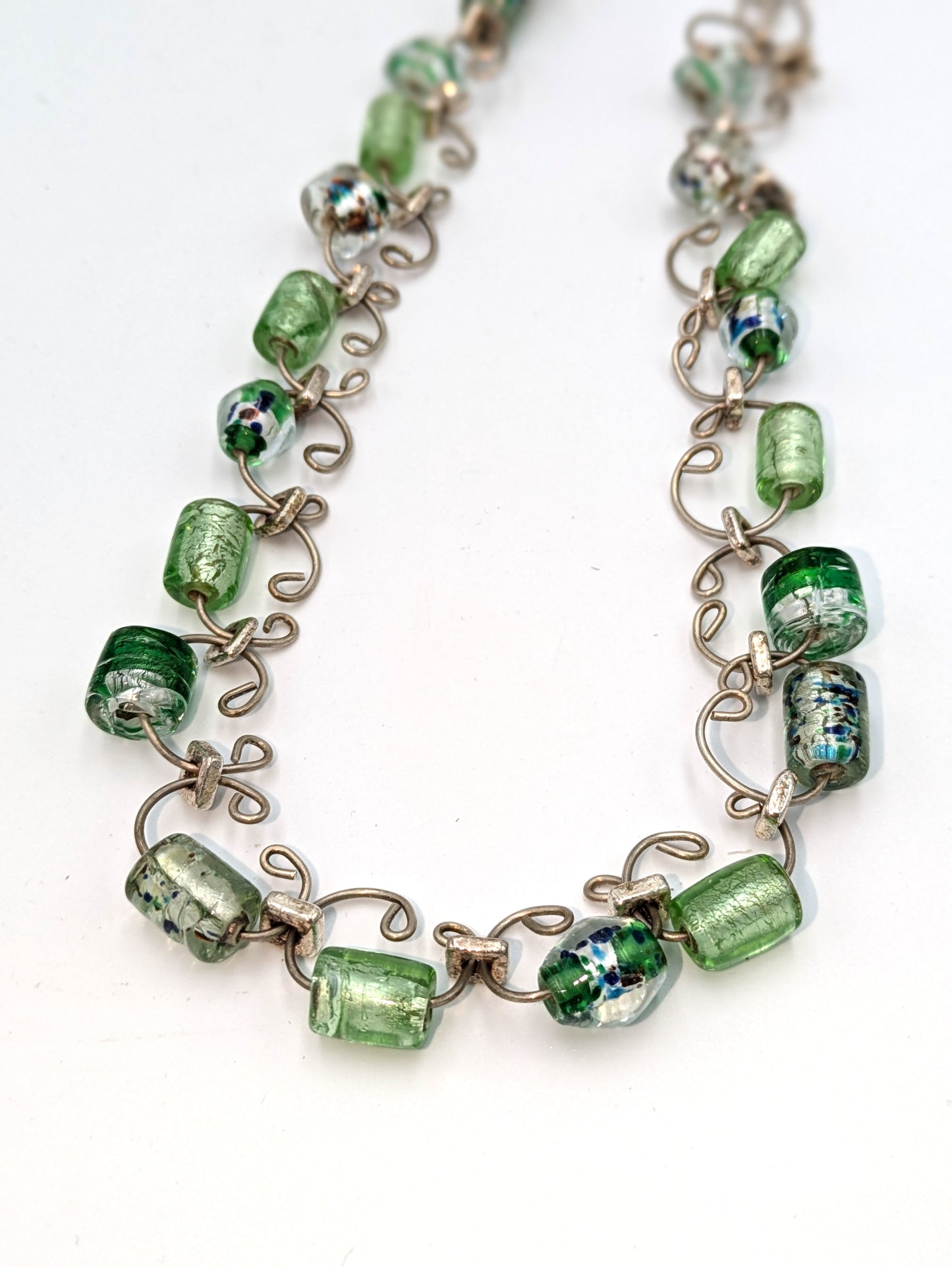 Green Foil & Crackle Glass Beaded Link Necklace