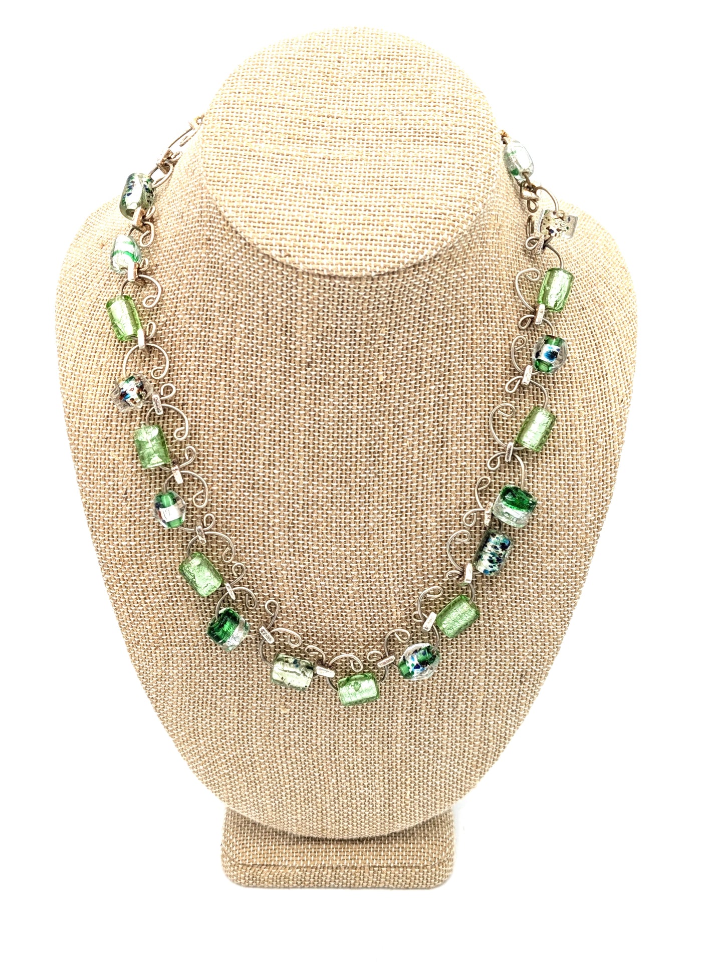 Green Foil & Crackle Glass Beaded Link Necklace