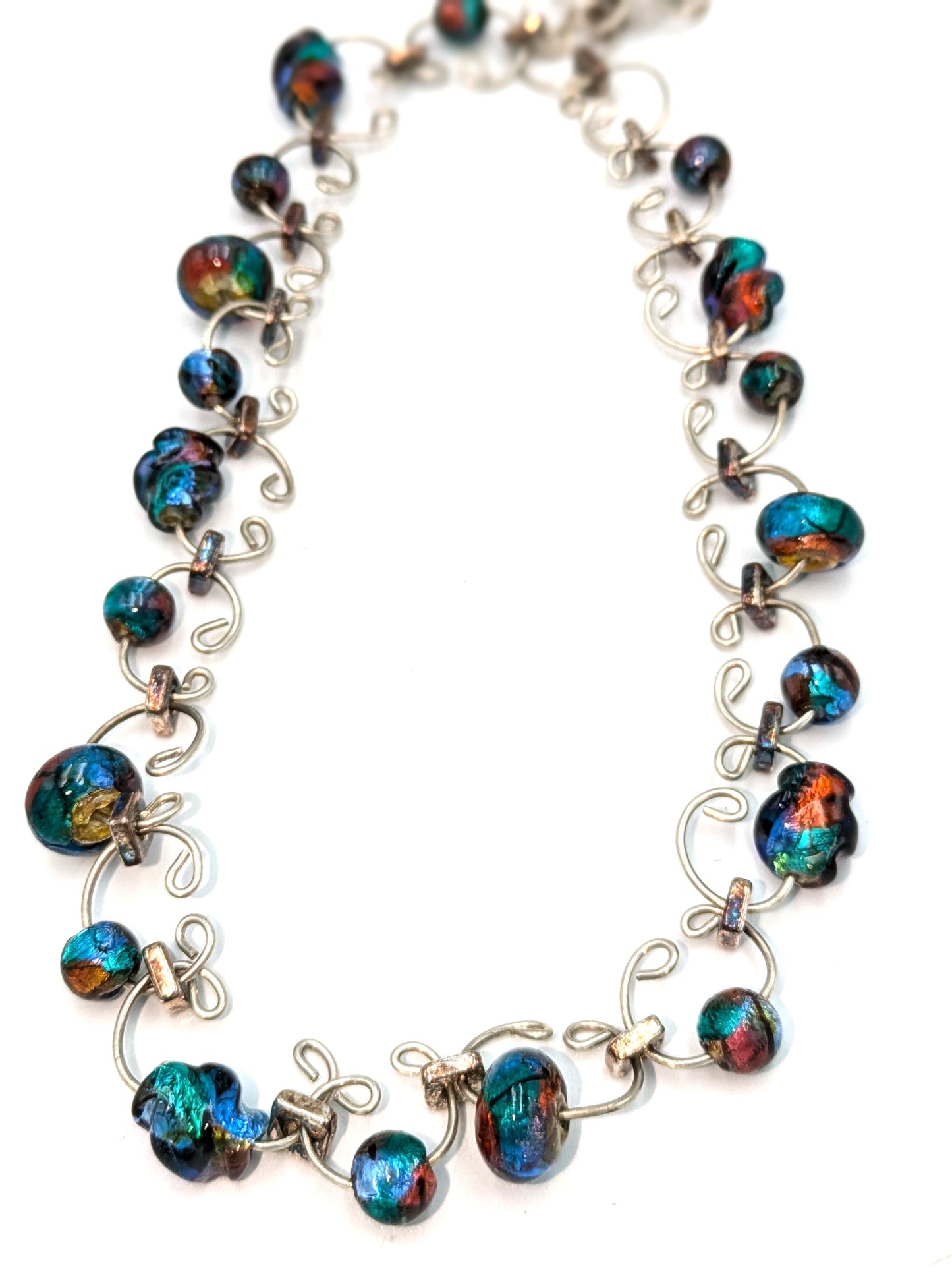 Iridescent Blue Foil Beaded Link Necklace