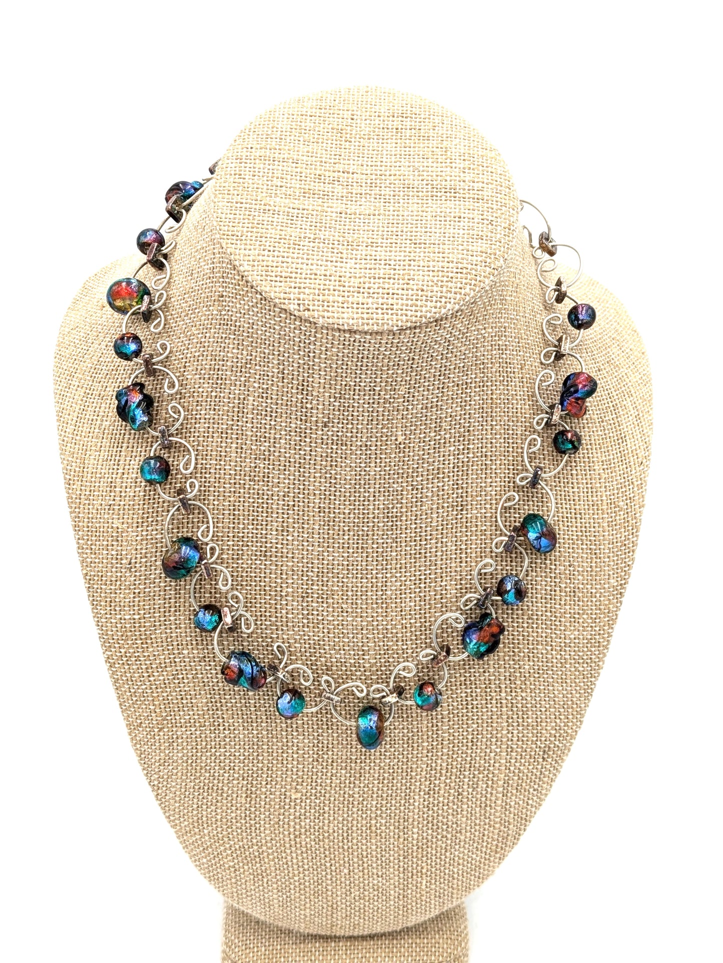 Iridescent Blue Foil Beaded Link Necklace