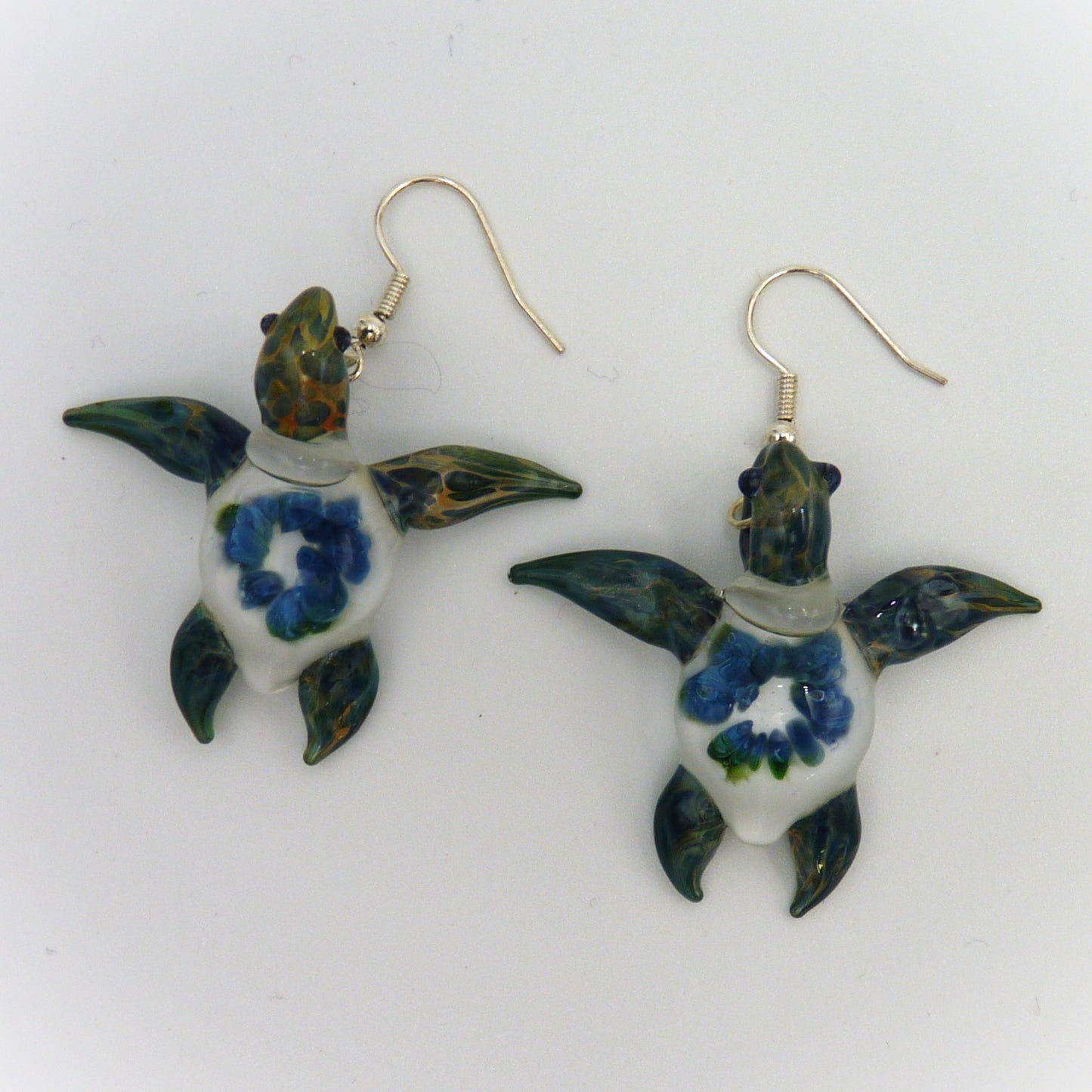 Glass and Fire Earrings Turtle Blue and White