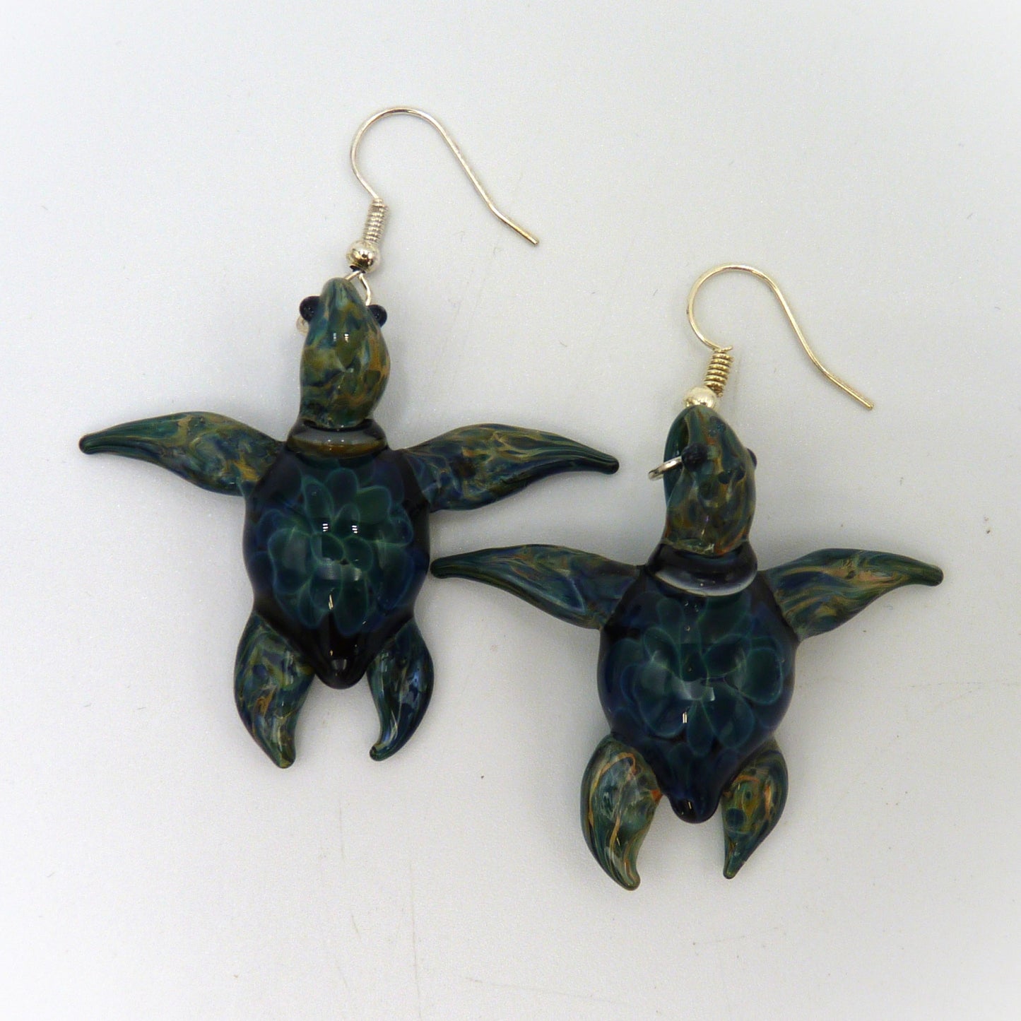 Glass and Fire Earrings Turtle Blue and Black