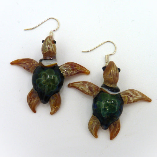 Glass and Fire Earrings Turtle Tan and Green