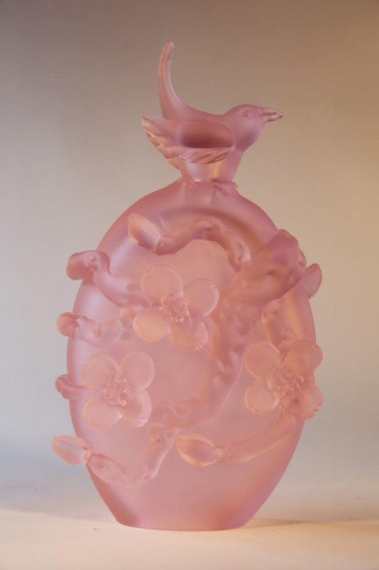 Handcrafted Glass Sculpture "Wren with Dogwoods Pink" by Richard Jolley