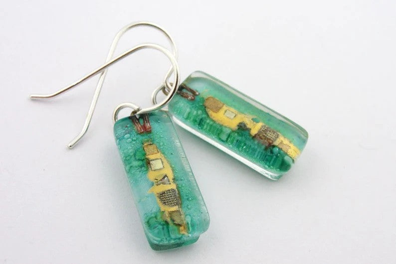 Momo Glassworks Aqua Golden Phase Fused Glass Bar Earrings