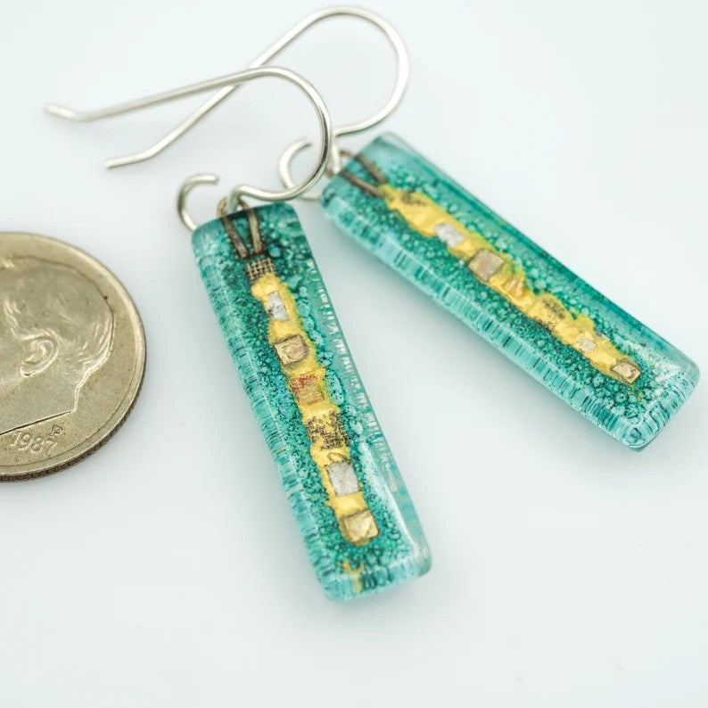 Momo Glassworks Aqua Golden Phase Fused Glass Bar Earrings