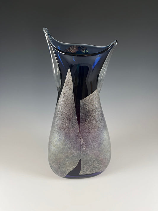 Steel Blue and Purple Vase w/ Silver Leaf #50